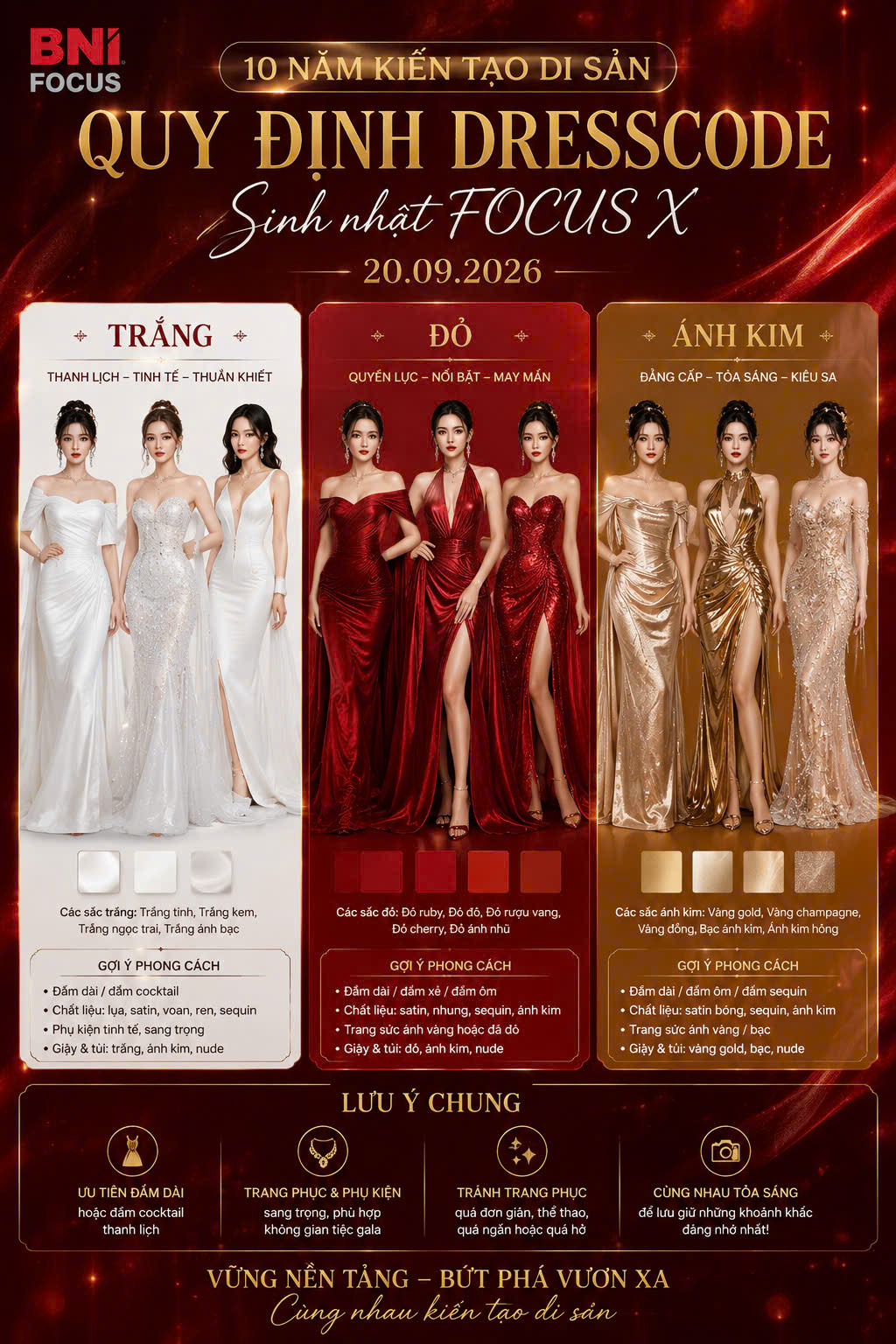 Gợi ý dresscode nữ: trắng, đỏ hoặc ánh kim